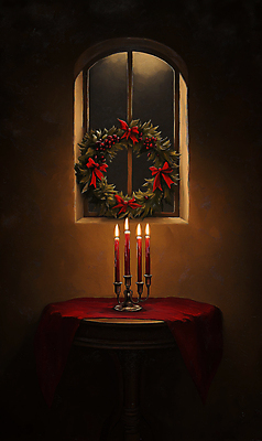 JPG 편집이미지 리본 십자가 크리스마스장식 크리스마스 겨울 촛불 창문 사람없음 장식 빨간색 초록색 빛 고요 분위기 단상 호랑가시나무열매 크리스마스리스 편집실사 AI포토 AI콘텐츠 계절 기념일 열매 컬러 컨셉 초 화환 CG 파일형식