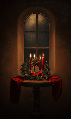 JPG 편집이미지 리본 십자가 크리스마스장식 크리스마스 겨울 촛불 창문 사람없음 장식 빨간색 초록색 빛 고요 분위기 단상 호랑가시나무열매 크리스마스리스 편집실사 AI포토 AI콘텐츠 계절 기념일 열매 컬러 컨셉 초 화환 CG 파일형식