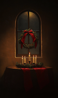 JPG 편집이미지 리본 십자가 크리스마스장식 크리스마스 겨울 촛불 창문 사람없음 장식 빨간색 초록색 빛 고요 분위기 단상 호랑가시나무열매 크리스마스리스 편집실사 AI포토 AI콘텐츠 계절 기념일 열매 컬러 컨셉 초 화환 CG 파일형식