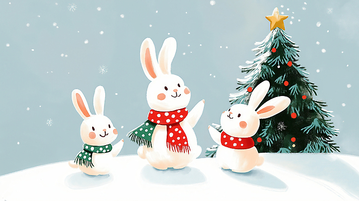 JPG 동물 크리스마스장식 크리스마스 겨울 일러스트 세마리 미소 사람없음 크리스마스트리 손들기 귀여움 목도리 눈 토끼 별장식 쌓인눈 눈내림 국내일러스트 AI일러스트 AI콘텐츠 자연요소 잡화 계절 기념일 별 컨셉 포유류 모션 날씨 눈_날씨 표정 3 장식 반려동물 파일형식