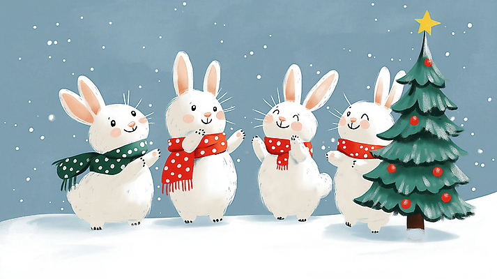 JPG 동물 크리스마스장식 크리스마스 겨울 여러마리 일러스트 미소 사람없음 크리스마스트리 손들기 귀여움 목도리 눈 토끼 별장식 쌓인눈 눈내림 국내일러스트 AI일러스트 AI콘텐츠 자연요소 잡화 계절 기념일 별 다수 컨셉 포유류 모션 날씨 눈_날씨 표정 장식 반려동물 파일형식