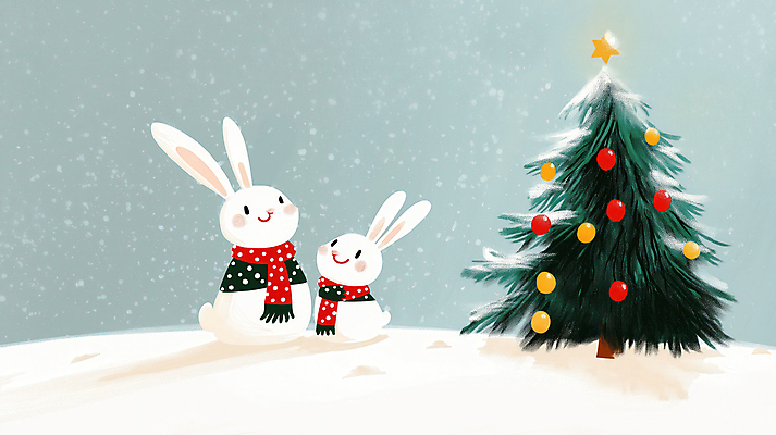 자연요소 잡화 계절 기념일 별 컨셉 크리스마스 2 포유류 날씨 눈_날씨 표정 장식 반려동물 파일형식 AI콘텐츠 두마리 눈내림 미소 크리스마스장식 별장식 토끼 눈 겨울 귀여움 동물 JPG 국내일러스트 일러스트 크리스마스트리 사람없음 목도리 쌓인눈 AI일러스트