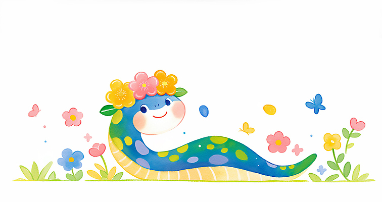 JPG 꽃 나비 잎 일러스트 새해 미소 사람없음 파란색 화관 봄풍경 봄 뱀띠 2025년 을사년 국내일러스트 푸른뱀 AI일러스트 AI콘텐츠 식물 계절 컬러 곤충 표정 풍경 십이지신 뱀 연도 파일형식