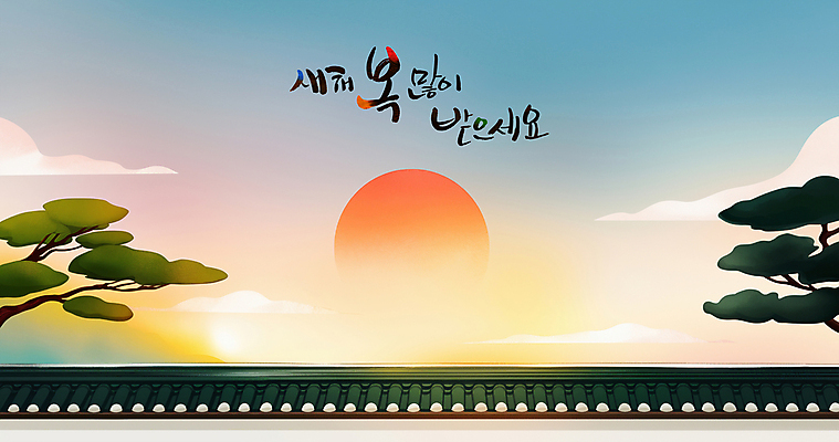 PSD 구름 한국전통 일러스트 하늘 근하신년 새해 한옥 풍경 사람없음 설날 태양 일출 소나무 연하장 새해복많이받으세요 기와담장 을사년 국내일러스트 자연요소 나무 전통 명절 고건축 카드_감사 한국 기와 담장 노을 파일형식 2025년