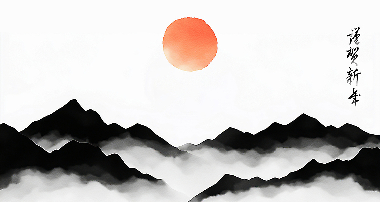 PSD 한국전통 일러스트 붓터치 근하신년 새해 수묵화 풍경 사람없음 빨간색 태양 일출 검은색 안개 산수화 산맥 을사년 국내일러스트 자연요소 전통 컬러 날씨 산 한국 미술 노을 동양화 파일형식 2025년