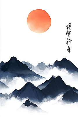 PSD 한국전통 일러스트 붓터치 근하신년 새해 수묵화 풍경 사람없음 빨간색 태양 일출 검은색 안개 산수화 산맥 을사년 국내일러스트 자연요소 전통 컬러 날씨 산 한국 미술 노을 동양화 파일형식 2025년