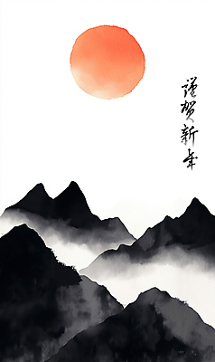 PSD 한국전통 일러스트 붓터치 근하신년 새해 수묵화 풍경 사람없음 빨간색 태양 일출 검은색 안개 산수화 산맥 을사년 국내일러스트 자연요소 전통 컬러 날씨 산 한국 미술 노을 동양화 파일형식 2025년