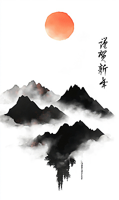 PSD 한국전통 일러스트 붓터치 근하신년 새해 수묵화 풍경 사람없음 빨간색 태양 일출 검은색 안개 산수화 산맥 을사년 국내일러스트 자연요소 전통 컬러 날씨 산 한국 미술 노을 동양화 파일형식 2025년