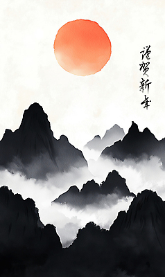 PSD 한국전통 일러스트 붓터치 근하신년 새해 수묵화 풍경 사람없음 빨간색 태양 일출 검은색 안개 산수화 산맥 을사년 국내일러스트 자연요소 전통 컬러 날씨 산 한국 미술 노을 동양화 파일형식 2025년