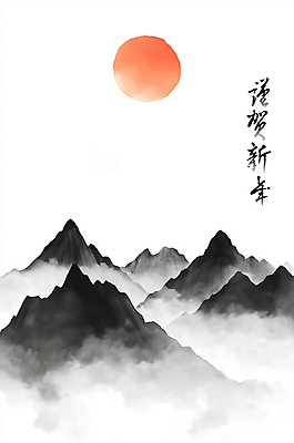 PSD 한국전통 일러스트 붓터치 근하신년 새해 수묵화 풍경 사람없음 빨간색 태양 일출 검은색 안개 산수화 산맥 을사년 국내일러스트 자연요소 전통 컬러 날씨 산 한국 미술 노을 동양화 파일형식 2025년