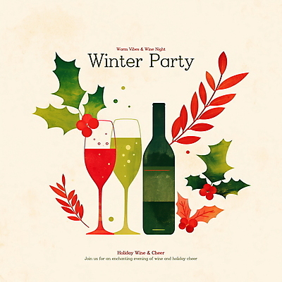 PSD 편집이미지 잎 크리스마스 겨울 와인잔 이벤트 사람없음 파티 와인 와인병 디지털합성 초대장 연말 호랑가시나무열매 홀리데이 편집소스 이미지편집 식물 계절 기념일 열매 술잔 병_용기 휴가 카드_감사 주류 파일형식