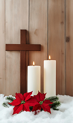 JPG 편집이미지 기독교 십자가 겨울 촛불 사람없음 천주교 눈 솔잎 나무십자가 포인세티아 편집실사 AI포토 AI콘텐츠 자연요소 계절 꽃 종교 잎 초 날씨 CG 파일형식