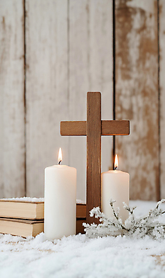 JPG 편집이미지 기독교 십자가 겨울 촛불 사람없음 책 갈색 성경 천주교 눈 솔잎 나무십자가 편집실사 AI포토 AI콘텐츠 자연요소 계절 종교 컬러 잎 초 종교용품 날씨 CG 파일형식