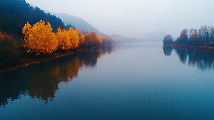 JPG 나무 구름 편집이미지 호수 단풍 자연 하늘 산 풍경 사람없음 파란색 반사 주황색 안개 가을 편집실사 AI포토 AI콘텐츠 자연요소 식물 계절 컬러 잎 날씨 CG 생태계 파일형식