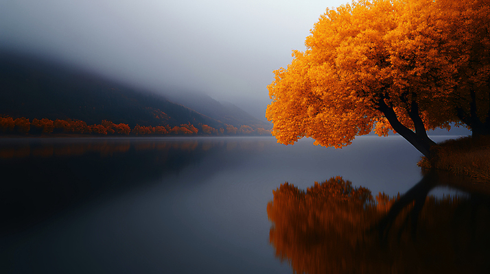 JPG 나무 구름 편집이미지 호수 단풍 자연 하늘 산 풍경 사람없음 반사 주황색 안개 가을 편집실사 AI포토 AI콘텐츠 자연요소 식물 계절 컬러 잎 날씨 CG 생태계 파일형식