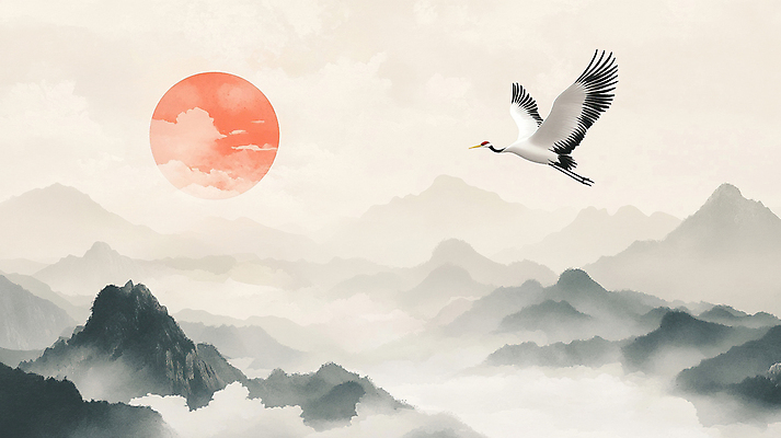 JPG 구름 편집이미지 새해 산 풍경 사람없음 태양 학 비행 동양화 디지털합성 을사년 편집실사 AI포토 AI콘텐츠 자연요소 조류 미술 CG 파일형식 2025년