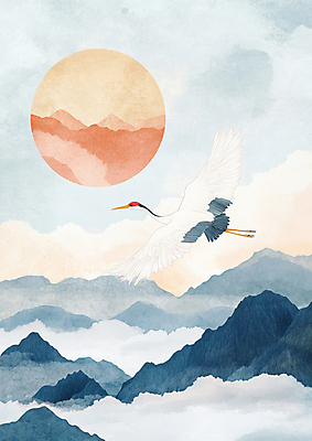 JPG 구름 편집이미지 새해 산 풍경 사람없음 태양 학 비행 동양화 디지털합성 을사년 편집실사 AI포토 AI콘텐츠 자연요소 조류 미술 CG 파일형식 2025년