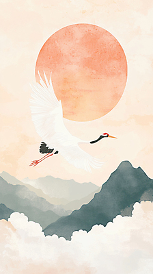 JPG 구름 편집이미지 새해 산 풍경 사람없음 태양 노을 학 비행 동양화 디지털합성 을사년 편집실사 AI포토 AI콘텐츠 자연요소 조류 미술 CG 파일형식 2025년