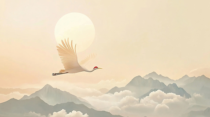 JPG 구름 편집이미지 새해 산 풍경 사람없음 태양 노을 학 비행 동양화 디지털합성 을사년 편집실사 AI포토 AI콘텐츠 자연요소 조류 미술 CG 파일형식 2025년