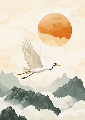 JPG 구름 편집이미지 새해 산 풍경 사람없음 태양 노을 학 비행 동양화 디지털합성 을사년 편집실사 AI포토 AI콘텐츠 자연요소 조류 미술 CG 파일형식 2025년