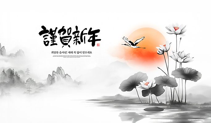 PSD 템플릿 한국전통 근하신년 새해 연꽃 사람없음 물 설날 태양 일출 검은색 학 연하장 한국화 새해복많이받으세요 수련잎 산맥 을사년 이미지템플릿 자연요소 전통 명절 꽃 컬러 잎 조류 산 카드_감사 한국 노을 동양화 파일형식 2025년