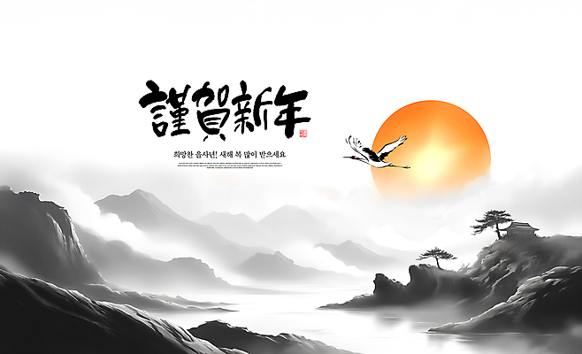 PSD 나무 템플릿 한국전통 근하신년 새해 한옥 사람없음 물 설날 태양 일출 검은색 학 안개 비행 연하장 한국화 새해복많이받으세요 산맥 을사년 이미지템플릿 자연요소 식물 전통 명절 컬러 고건축 조류 날씨 산 카드_감사 한국 노을 동양화 파일형식 2025년