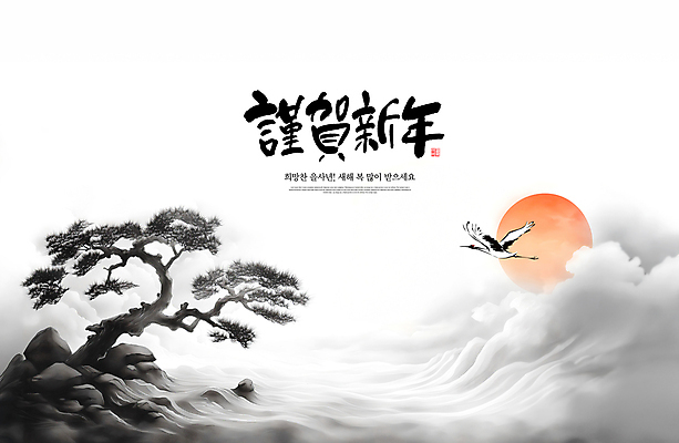 PSD 템플릿 한국전통 근하신년 새해 사람없음 설날 태양 일출 검은색 학 안개 바위 소나무 연하장 한국화 새해복많이받으세요 을사년 이미지템플릿 자연요소 나무 전통 명절 컬러 조류 날씨 카드_감사 한국 노을 돌_바위 동양화 파일형식 2025년