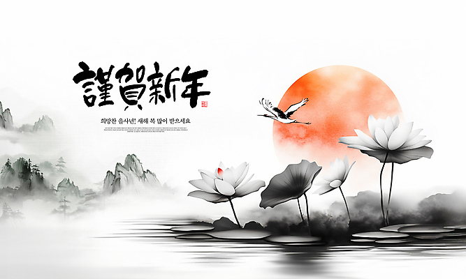 PSD 템플릿 한국전통 근하신년 새해 연꽃 사람없음 물 설날 태양 일출 검은색 학 안개 연하장 한국화 새해복많이받으세요 수련잎 산맥 을사년 이미지템플릿 자연요소 전통 명절 꽃 컬러 잎 조류 날씨 산 카드_감사 한국 노을 동양화 파일형식 2025년