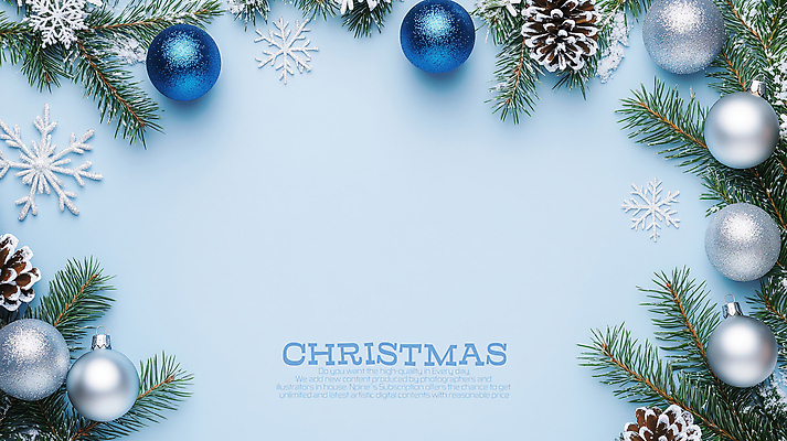 PSD 편집이미지 하늘색 크리스마스 사람없음 크리스마스트리 눈송이 솔방울 오너먼트 카피스페이스 이미지편집 기념일 크리스마스장식 눈_날씨 파란색 공백 파일형식