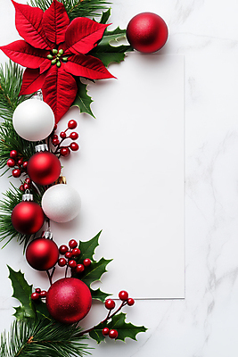 JPG 편집이미지 종이 크리스마스장식 크리스마스 크리스마스카드 프레임 사람없음 빨간색 흰색 대리석 솔잎 포인세티아 호랑가시나무열매 오너먼트 편집실사 AI포토 AI콘텐츠 기념일 열매 꽃 컬러 잎 재료 카드_감사 CG 파일형식