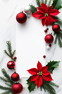 JPG 편집이미지 종이 크리스마스장식 크리스마스 크리스마스카드 프레임 사람없음 빨간색 흰색 대리석 솔잎 포인세티아 호랑가시나무열매 오너먼트 편집실사 AI포토 AI콘텐츠 기념일 열매 꽃 컬러 잎 재료 카드_감사 CG 파일형식