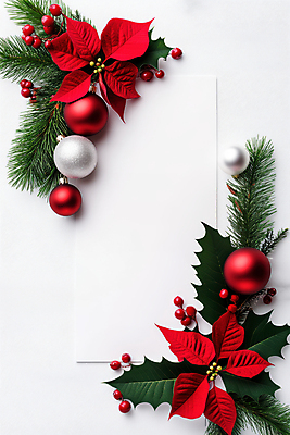 JPG 편집이미지 종이 크리스마스장식 크리스마스 크리스마스카드 프레임 사람없음 빨간색 흰색 솔잎 포인세티아 호랑가시나무열매 오너먼트 편집실사 AI포토 AI콘텐츠 기념일 열매 꽃 컬러 잎 카드_감사 CG 파일형식