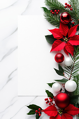 JPG 편집이미지 종이 크리스마스장식 크리스마스 크리스마스카드 프레임 사람없음 빨간색 흰색 대리석 솔잎 포인세티아 호랑가시나무열매 오너먼트 편집실사 AI포토 AI콘텐츠 기념일 열매 꽃 컬러 잎 재료 카드_감사 CG 파일형식