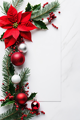 JPG 편집이미지 종이 크리스마스장식 크리스마스 크리스마스카드 프레임 사람없음 빨간색 흰색 대리석 솔잎 포인세티아 호랑가시나무열매 오너먼트 편집실사 AI포토 AI콘텐츠 기념일 열매 꽃 컬러 잎 재료 카드_감사 CG 파일형식