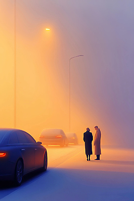 JPG 전신 편집이미지 여자 남자 가로등 자동차 그림자 서기 성인 두명 빛 안개 가을 도시 주머니손 성인만 편집실사 AI컴퓨터그래픽 AI콘텐츠 계절 공공시설 육상교통 모션 날씨 사람 CG 파일형식