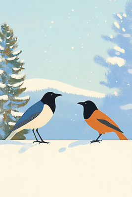 JPG 명절 두마리 겨울 일러스트 자연 조류 새해 사람없음 설날 설원 눈 소나무 디지털합성 까치 국내일러스트 AI일러스트 AI콘텐츠 자연요소 나무 동물 전통 계절 기념일 2 날씨 눈_날씨 생태계 파일형식