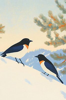 JPG 명절 두마리 겨울 일러스트 자연 조류 새해 사람없음 설날 설원 눈 소나무 디지털합성 까치 국내일러스트 AI일러스트 AI콘텐츠 자연요소 나무 동물 전통 계절 기념일 2 날씨 눈_날씨 생태계 파일형식