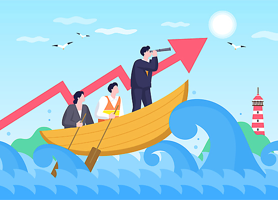 전신 여자 남자 파도 바다 하늘색 일러스트 갈매기 노동자 등대 들기 성인 세명 망원경 직장인 노 노젓기 경제불황 선박 성인만 국내일러스트 AI파일 직업 수상교통 모션 조류 사람 경제 파란색 불황 파일형식 벡터