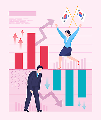 전신 여자 남자 화살표 분홍색 일러스트 통계 그래프 성인 두명 기쁨 만세 직장인 좌절 국기 태극기 하락 상승 우울감 성인만 국내일러스트 AI파일 직업 감정 컬러 컨셉 모션 사람 파일형식 벡터