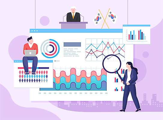 전신 여자 노년 남자 일러스트 통계 돋보기 그래프 팝업 들기 앉기 성인 세명 노트북 보라색 태극기 강의 정치가 국내일러스트 AI파일 직업 컬러 모션 사람 전자제품 국기 파일형식 벡터