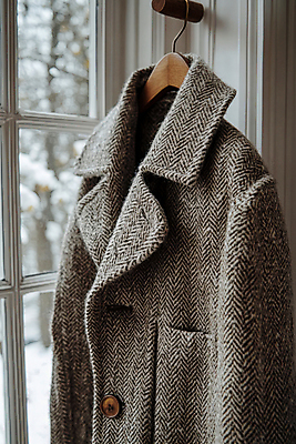 JPG 편집이미지 겨울 창문 사람없음 외투 회색 코트 눈 옷걸이 창가 겨울옷 편집실사 AI포토 AI콘텐츠 자연요소 옷 계절 컬러 상의 날씨 CG 파일형식