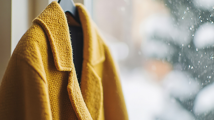 JPG 편집이미지 겨울 창문 사람없음 노란색 외투 코트 눈 옷걸이 창가 겨울옷 편집실사 AI포토 AI콘텐츠 자연요소 옷 계절 컬러 상의 날씨 CG 파일형식