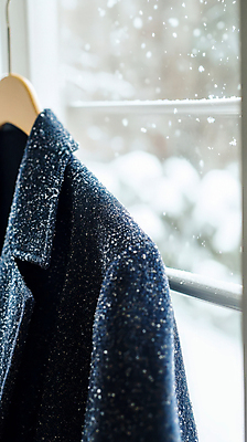 JPG 편집이미지 겨울 창문 사람없음 외투 코트 눈 옷걸이 남색 창가 겨울옷 편집실사 AI포토 AI콘텐츠 자연요소 옷 계절 컬러 상의 날씨 CG 파일형식