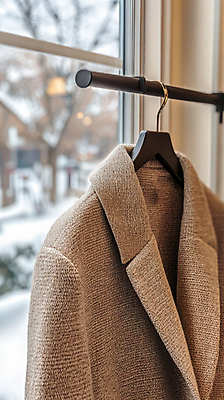 JPG 편집이미지 겨울 창문 사람없음 갈색 외투 코트 눈 옷걸이 창가 겨울옷 편집실사 AI포토 AI콘텐츠 자연요소 옷 계절 컬러 상의 날씨 CG 파일형식