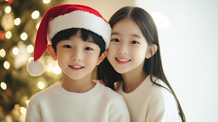 JPG 편집이미지 응시 여자 남자 어린이 크리스마스 겨울 산타모자 미소 소녀 소년 두명 산타클로스 희망 즐거움 보케 의료성형뷰티 어린이만 편집실사 AI인물포토 AI콘텐츠 모자_잡화 시선 계절 기념일 감정 표정 사람 CG 파일형식 AI포토
