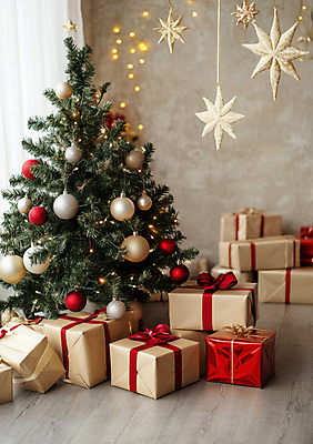 JPG 편집이미지 크리스마스장식 크리스마스 겨울 사람없음 선물상자 크리스마스트리 별장식 핀전구 오너먼트 편집실사 AI포토 AI콘텐츠 계절 기념일 별 전구 선물 장식 상자 CG 파일형식