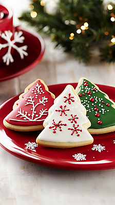 식기 기념일 컬러 잎 크리스마스장식 크리스마스 디저트 눈_날씨 상차림 CG 파일형식 AI콘텐츠 빨간색 플레이팅 보케 솔잎 눈꽃 쿠키 접시 크리스마스트리 오너먼트 편집실사 편집이미지 사람없음 JPG AI포토