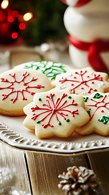 JPG 편집이미지 접시 크리스마스장식 크리스마스 눈꽃 사람없음 쿠키 보케 솔방울 플레이팅 편집실사 AI포토 AI콘텐츠 식기 기념일 디저트 눈_날씨 상차림 CG 파일형식