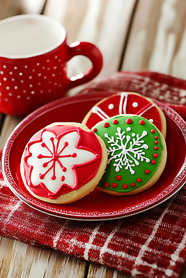 식기 기념일 컬러 크리스마스 디저트 눈_날씨 컵 상차림 CG 파일형식 AI콘텐츠 빨간색 손수건 눈꽃 머그컵 쿠키 접시 크리스마스트리 편집실사 편집이미지 크리스마스장식 사람없음 플레이팅 JPG AI포토