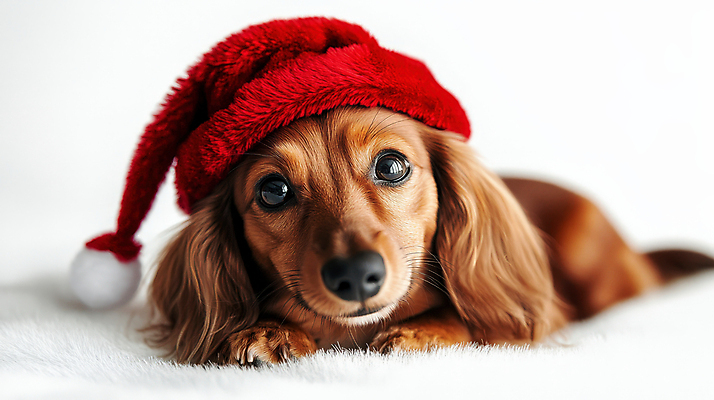 JPG 편집이미지 응시 반려견 엎드리기 크리스마스 산타모자 사람없음 강아지 닥스훈트 이미지편집 편집실사 AI포토 AI콘텐츠 모자_잡화 시선 기념일 모션 반려동물 개 CG 파일형식